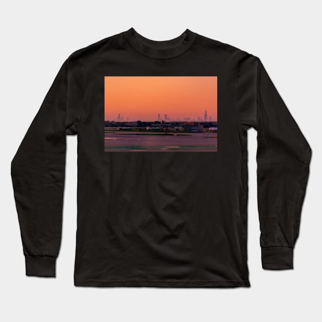 Empty O'Hare Runways, Chicago Skyline Silhouette Long Sleeve T-Shirt by Enzwell